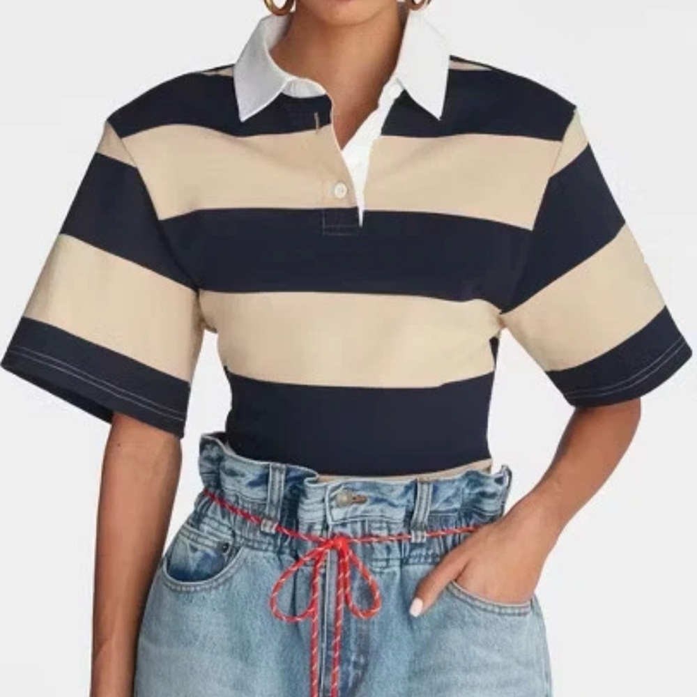 KBB by KAHLANA Women's Short Sleeve 'The Fitted Rugby Shirt' - Navy/Tan